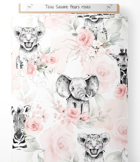 Tissu coton - Savane fleurs roses