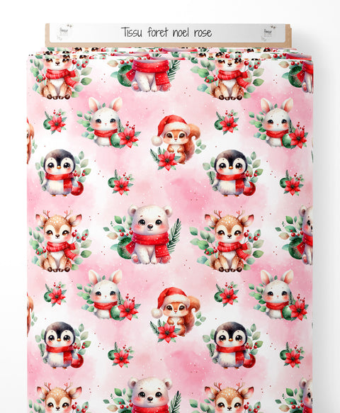 Tissu coton - Forêt Noël rose