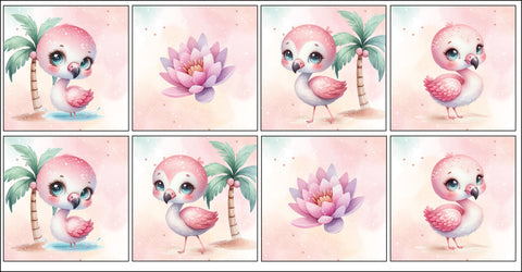 Panneaux coton 12/12cm (lot de 8) - Flamants roses