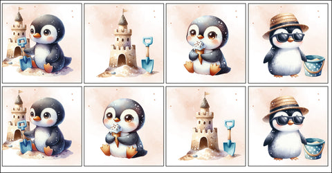 Panneaux coton 12/12cm (lot de 8) - Pingouins