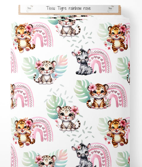 Tissu coton - Tigre Rainbow rose