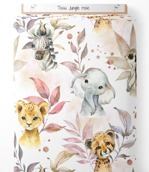 Tissu coton - Animaux jungle rose
