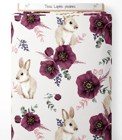 Tissu coton - Lapins pivoines