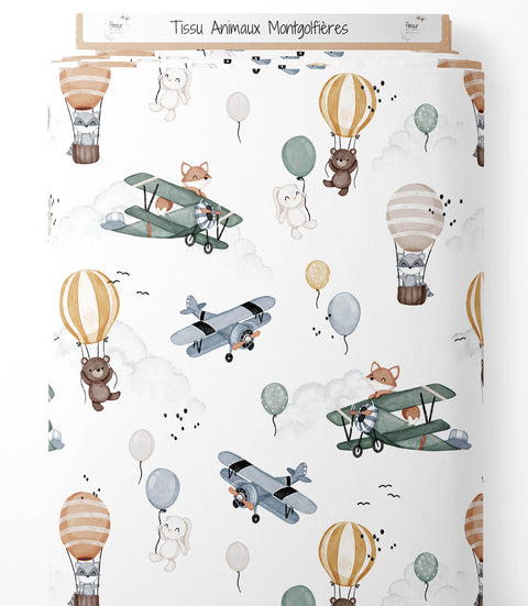 Tissu coton - Animaux montgolfières (Grands motifs)