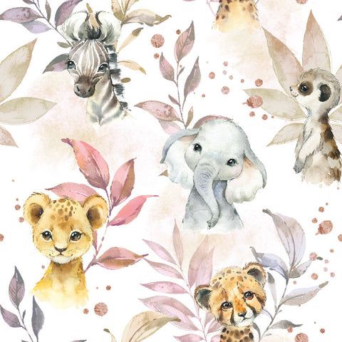 Tissu coton - Animaux jungle rose