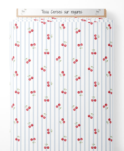Tissu coton - Cerises sur rayures
