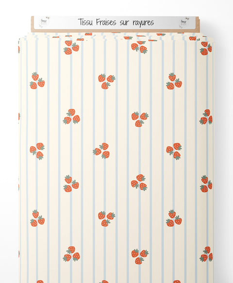 Tissu coton - Fraises sur rayures