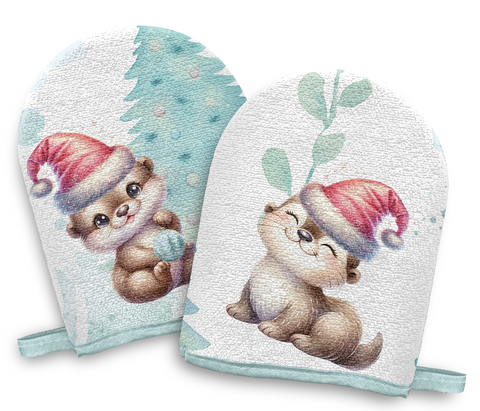 Panneaux éponge gants de toilette (lot de 4) - Loutres Noël