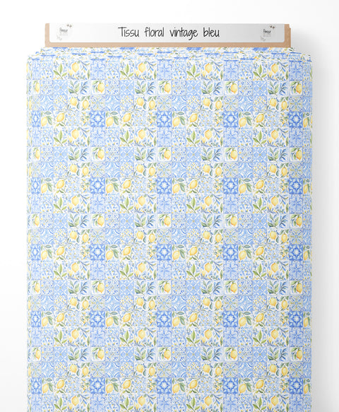 Tissu coton - floral vintage bleu