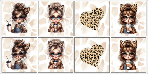 Panneaux coton 12/12cm (lot de 8) - Filles léopard