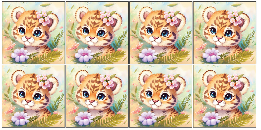 Panneaux coton 12/12cm (lot de 8) - Lionceau fleurs
